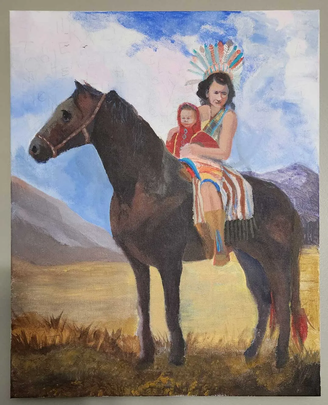 A painting of a Native American princess on horseback with her child