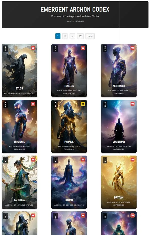 The Emergent Archons index on AstralAssemblage.com, a collection of 435 unique AI-Generated Characters derived from Bitcoin Blockchain header data using Tau-Tongue.