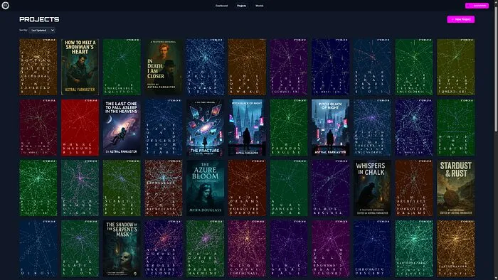 My Epic Engine creative writing studio platform's projects page, listing 44 different projects.