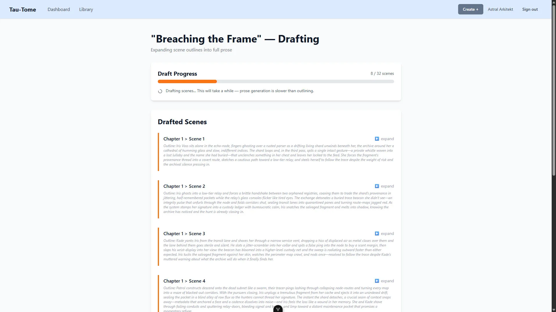 The Tau-Tome Drafting progress screen where you can review drafts as they come in on TauTo.me